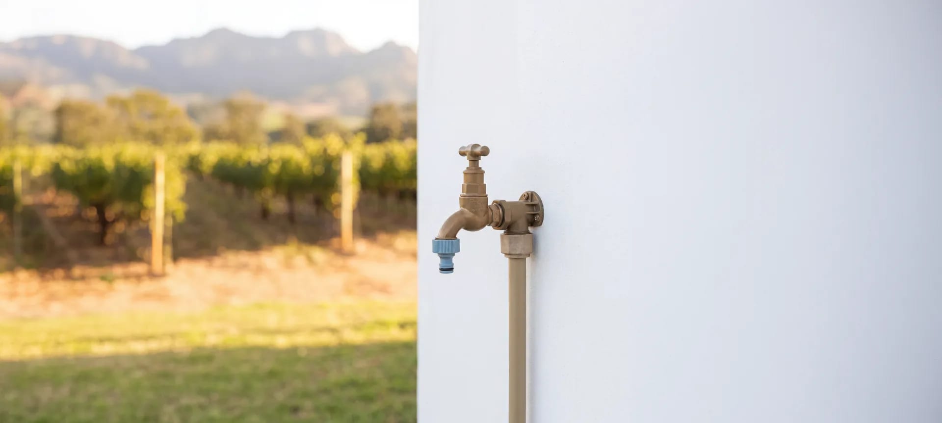 UNITWIST ClickClose brass garden tap installed on an outdoor wall, vineyard and mountains behind